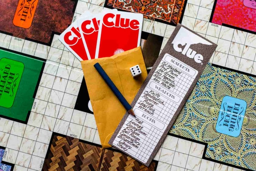 An image of Clue 1972 (Second Edition) - The board with a checklist, tokens, dice, pencil, cards, and checklist is all ready to play the game.