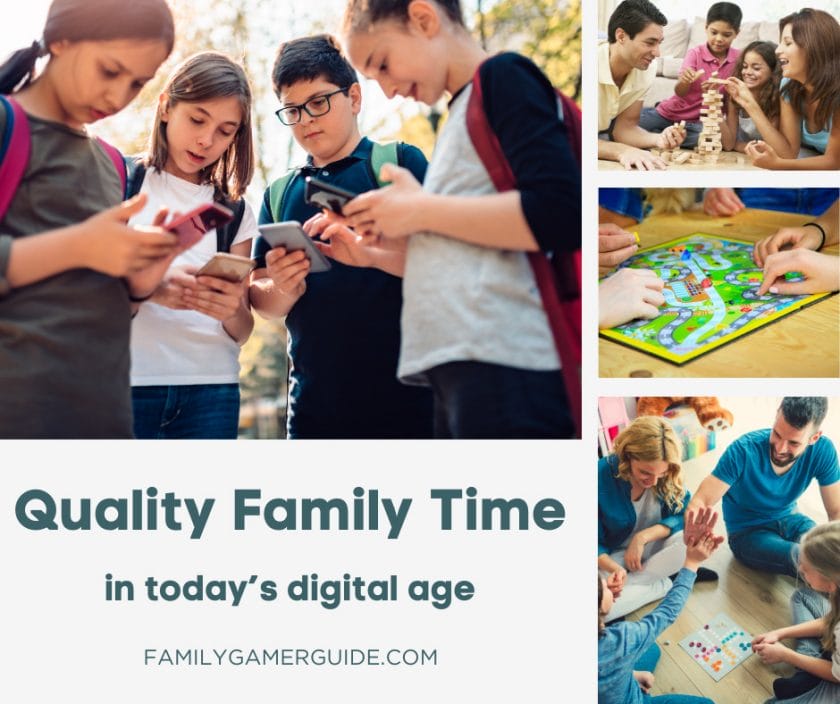 A collage of images about family game nights and the importance of family time in the digital age.